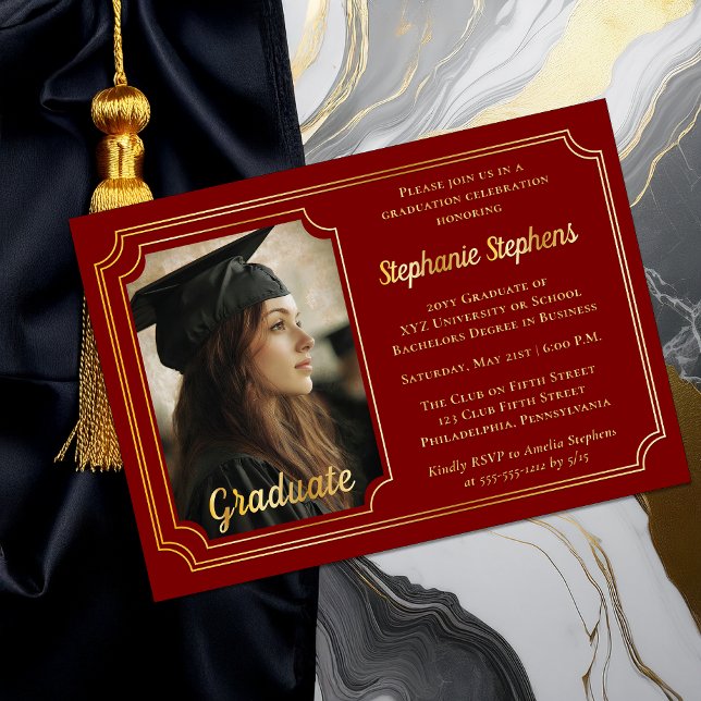 Elegant Dk Red & Gold Photo Graduation Party  (Elegant Dark Red and Gold Foil Graduation Party Invitation with Photo and Scalloped Frame)