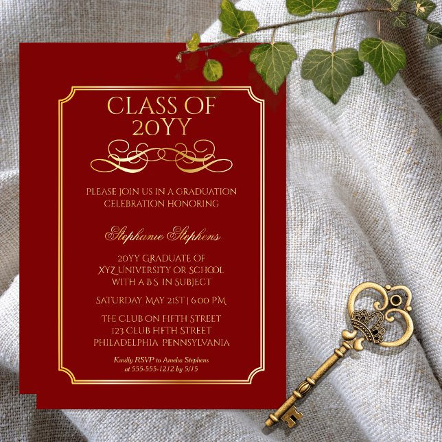 Elegant Dk Red University Graduation Party Gold  (Elegant Dark Red College or University Non Photo Graduation Announcement Party Gold Foil Invitation)