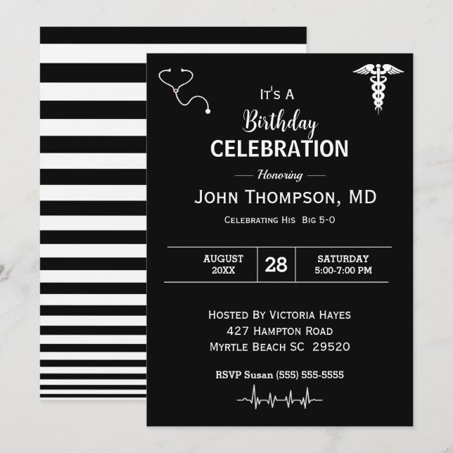 Elegant Doctor Birthday Party Black and White   Invitation (Front/Back)