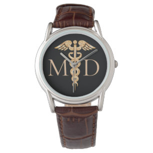 Elegant Doctor Caduceus Symbol Black Brown Leather Watch