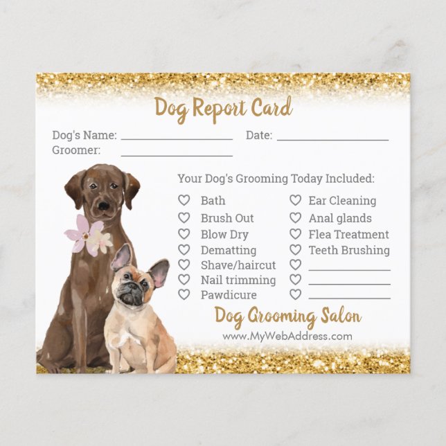 Elegant Dog Grooming Report Card with Gold Glitter (Front)