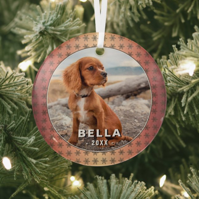 Elegant Dog Pet Photo Golden Snowflakes Christmas Glass Ornament (Insitu)