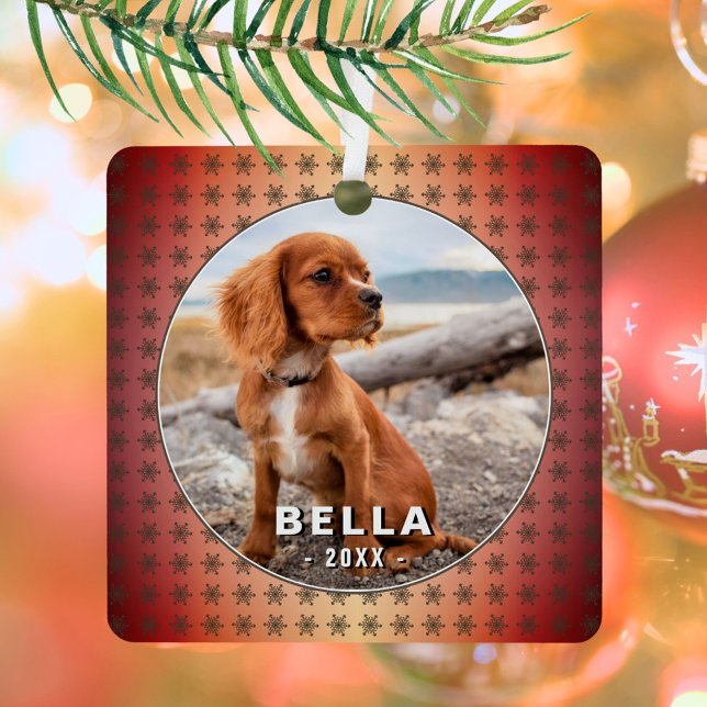 Elegant Dog Pet Photo Golden Snowflakes Christmas Metal Ornament (Creator Uploaded)