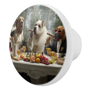 Elegant Dogs at Gourmet Feast Smoking Cigars – Fun Ceramic Knob
