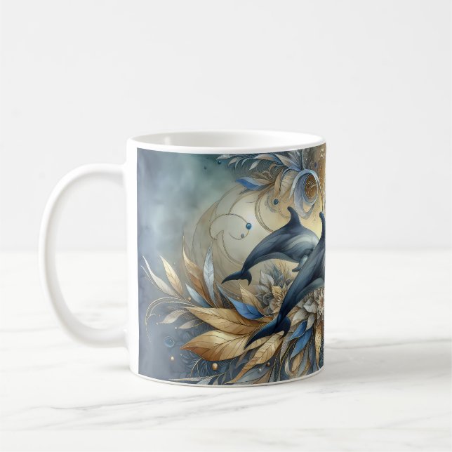 Elegant Dolphins with Golden Floral Waves Coffee Mug (Left)