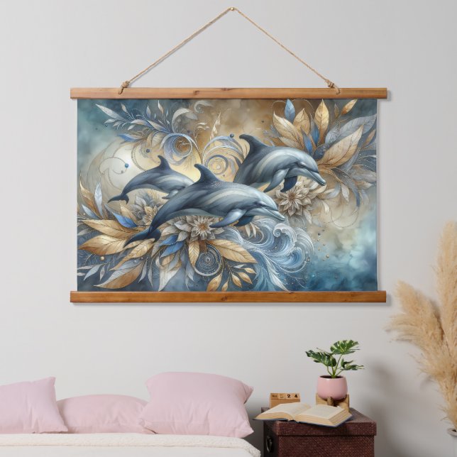 Elegant Dolphins with Golden Floral Waves Hanging Tapestry (Bedroom)