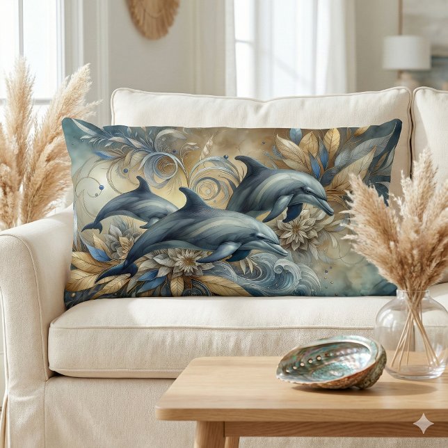 Elegant Dolphins with Golden Floral Waves Lumbar Pillow (Elegant Dolphins with Golden Floral Waves Lumbar Pillow Mockup A)