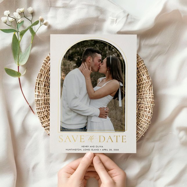 Elegant Dome Shape Photo Save the Date Real Gold (Read foil Save the Date with your favorite photo)