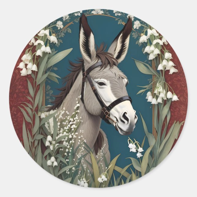 Elegant Donkey and Lily of The Valley Flowers Classic Round Sticker (Front)