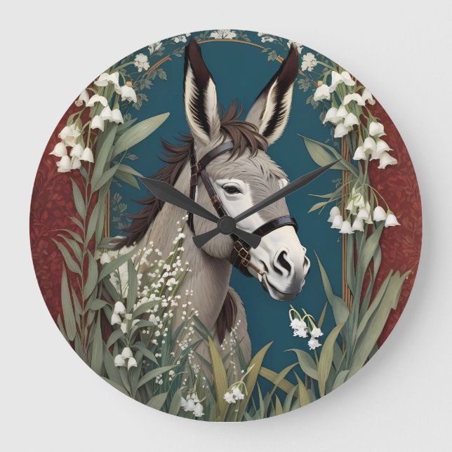 Elegant Donkey and Lily of The Valley Flowers Large Clock (Front)