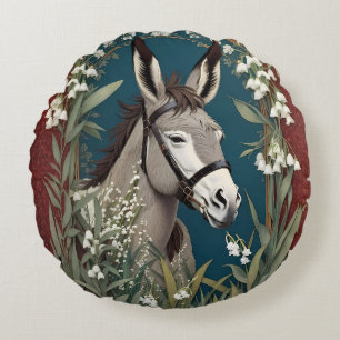 Elegant Donkey and Lily of The Valley Flowers Round Pillow