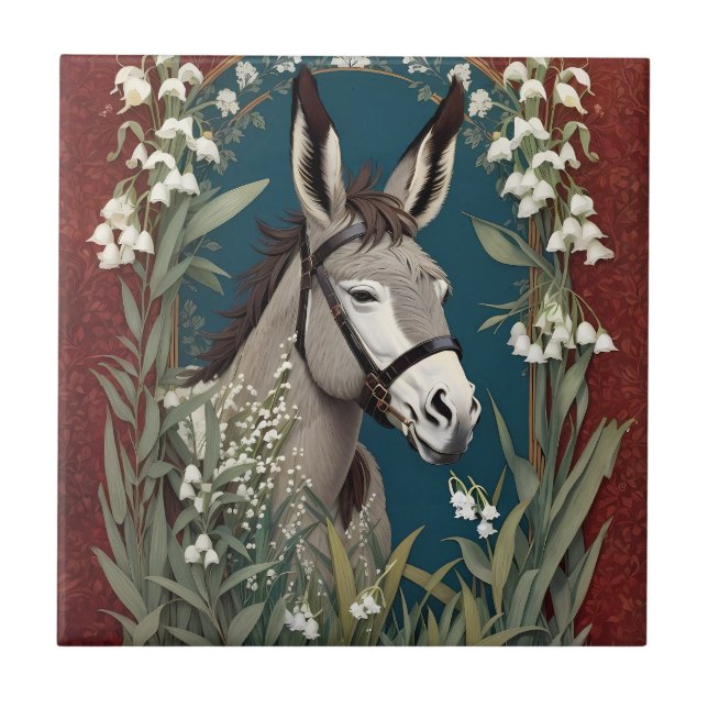 Elegant Donkey and Lily of The Valley Flowers Tile (Front)