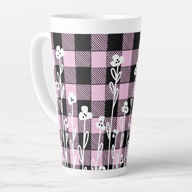 Elegant doodle black pink floral plaid pattern latte mug (Left Angle)