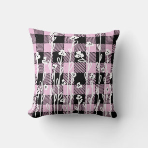 Elegant doodle black pink floral plaid pattern throw pillow
