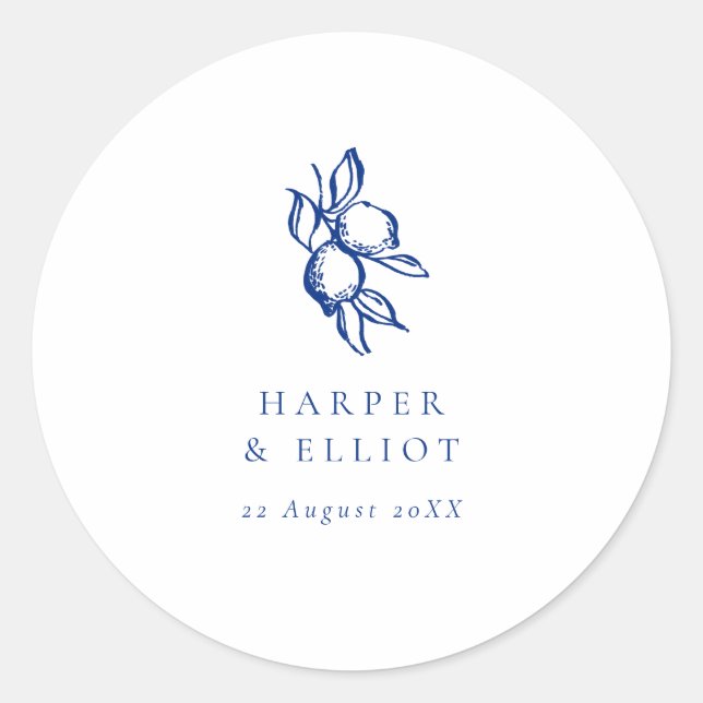 Elegant Doodle Blue Lemons Wedding Favor Classic Round Sticker (Front)