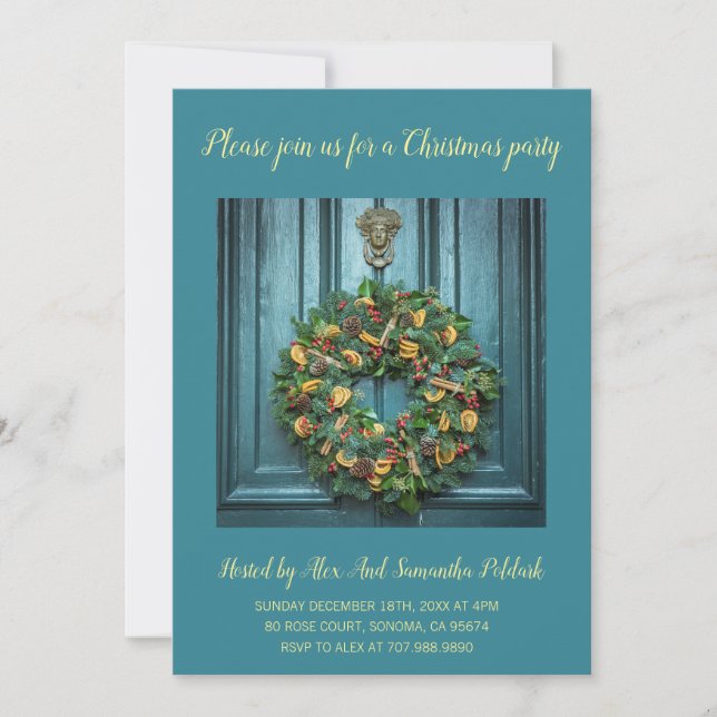 Elegant Door And Wreath Holiday Christmas Party Invitation (Front)