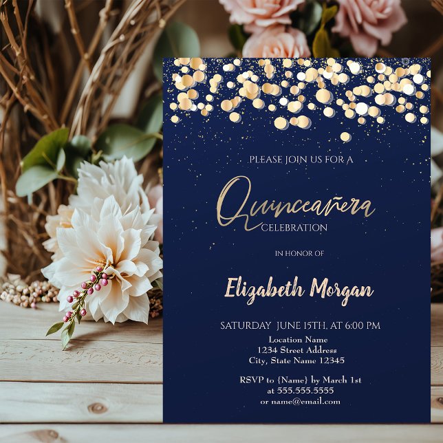 Elegant Dots, Confetti Navy Blue Quinceañera Invitation (Creator Uploaded)