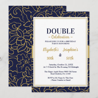 Elegant Double Birthday Party Navy Blue Gold Flora Invitation