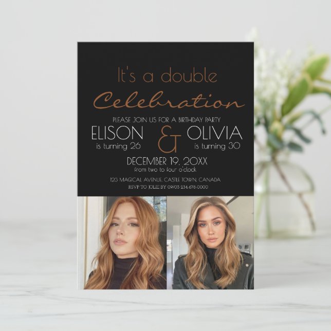 Elegant Double Celebration Photo black Birthday Invitation (Standing Front)