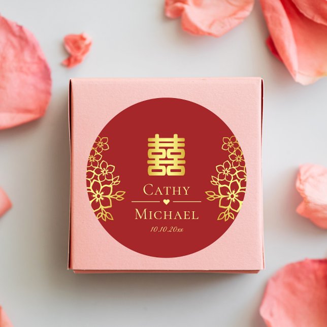 Elegant double happiness Chinese wedding floral Classic Round Sticker (Creator Uploaded)
