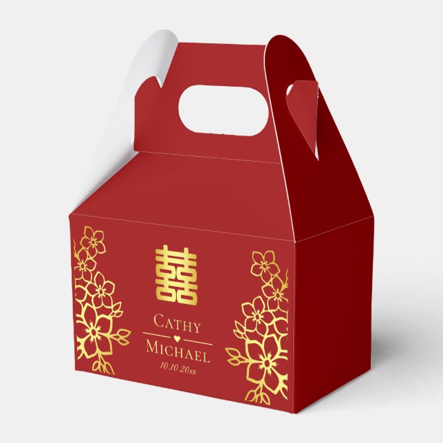 Elegant double happiness Chinese wedding floral Favor Box (Front Side)