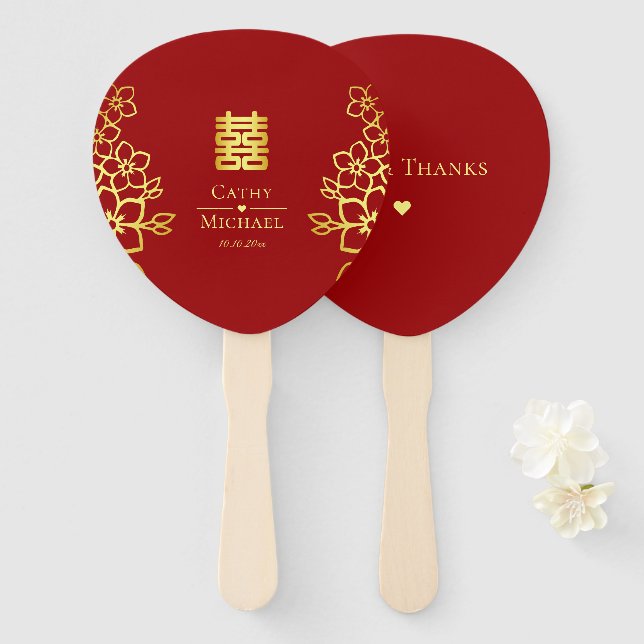 Elegant double happiness Chinese wedding floral Hand Fan (Front and Back)