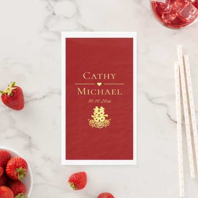 Elegant double happiness rose Chinese wedding red Napkin (Insitu)