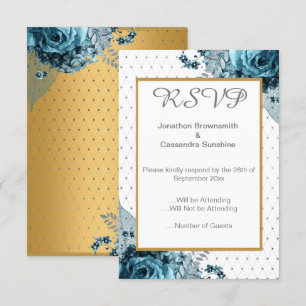 ELEGANT DOUBLESIDED FLORAL TURQUOISE GOLD RSVP INVITATION