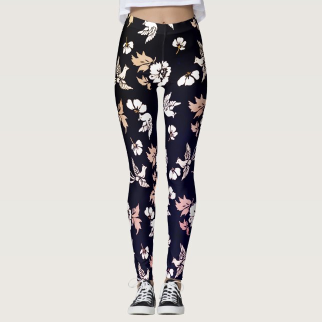 Elegant Dove And Flowers In Dark Background Leggings (Front)