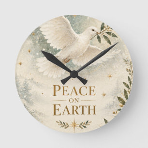 Elegant Dove Christmas ,Peace on Earth White style Round Clock