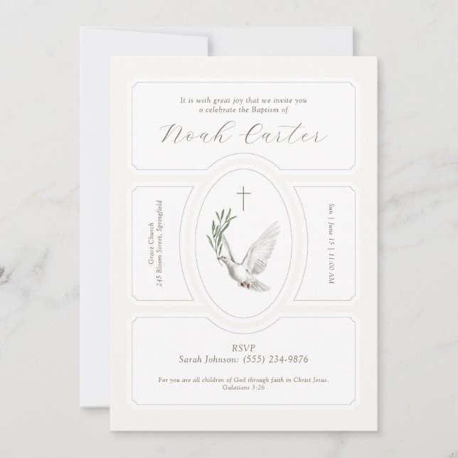 Elegant Dove Olive Branch Baptism Invitation (Front)