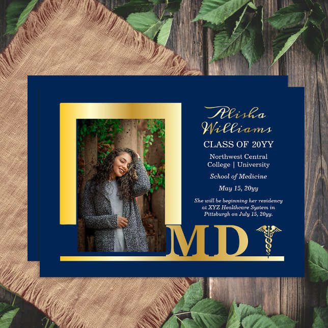 Elegant Dr MD Caduceus Photo Graduate Blue (Elegant Doctor Physician "MD" Caduceus Photo Graduate Blue and Gold Foil Announcement)