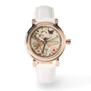 Elegant Dragonfly Butterflies Pink Flowers Watch