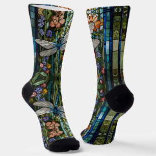 Elegant Dragonfly floral botanical stain glass Socks
