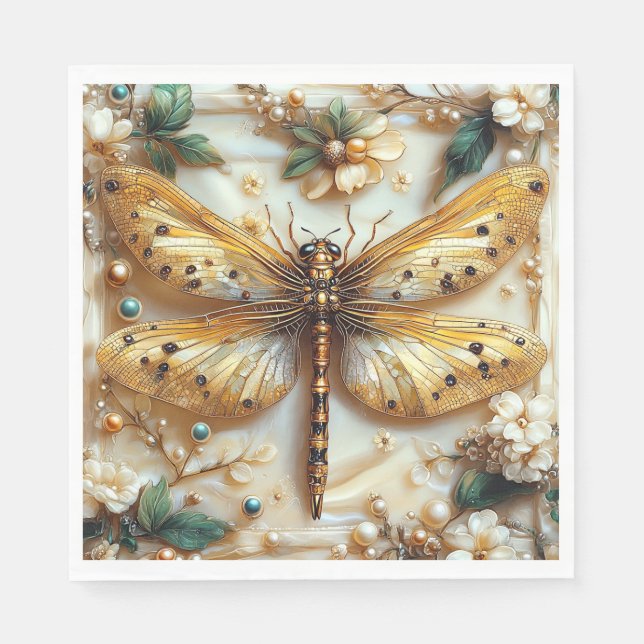 Elegant Dragonfly Flower Gold Metallic Gems Pearls Napkin (Front)