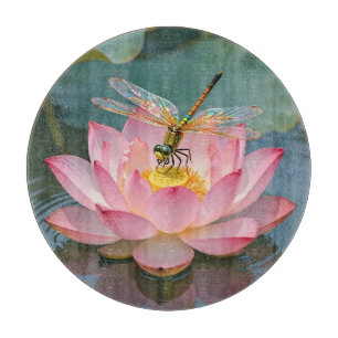 Elegant Dragonfly Pink Lotus Art Nouveau Frame Cutting Board