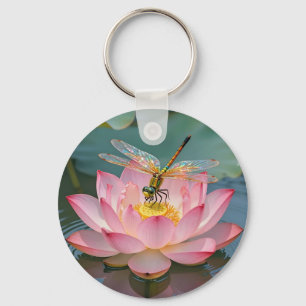 Elegant Dragonfly Pink Lotus Art Nouveau Frame Keychain