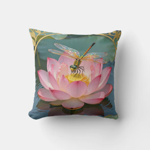 Elegant Dragonfly Pink Lotus Art Nouveau Frame Throw Pillow