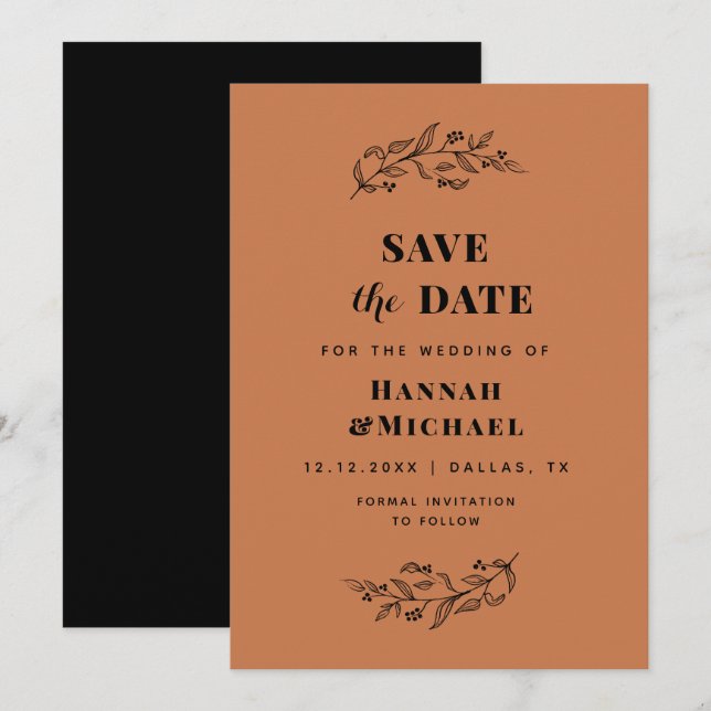 Elegant Drawn Botanical Terracotta Black Fall Dark Save The Date (Front/Back)