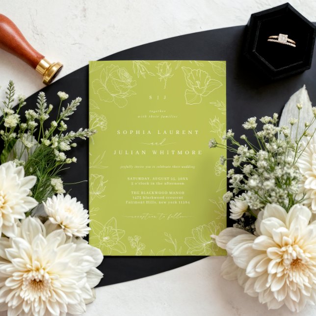 Elegant Drawn Floral Citrus Green Garden Wedding Invitation (Creator Uploaded)