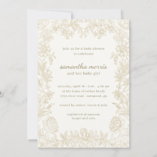 Elegant Drawn Floral Ivory Baby Shower Invitation