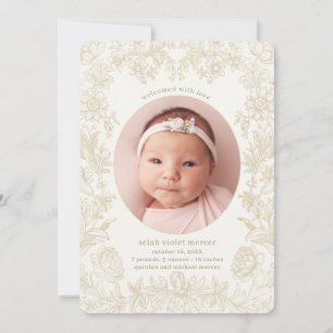 Elegant Drawn Floral Ivory Birth Announcement