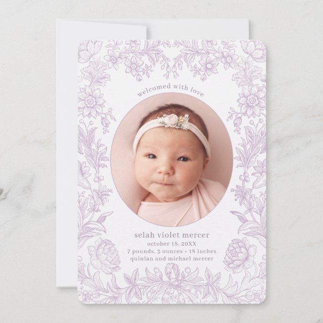 Elegant Drawn Floral Lavender Birth Announcement (Front)