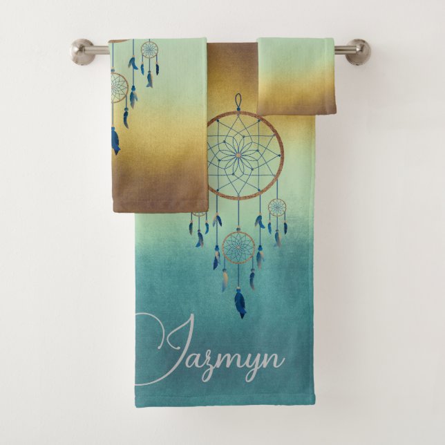 Elegant dreamcatcher o  blue brown personalized bath towel set (Insitu)