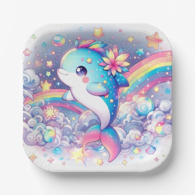 Elegant Dreamy Dolphin Baby Shower Paper Plate (Front)