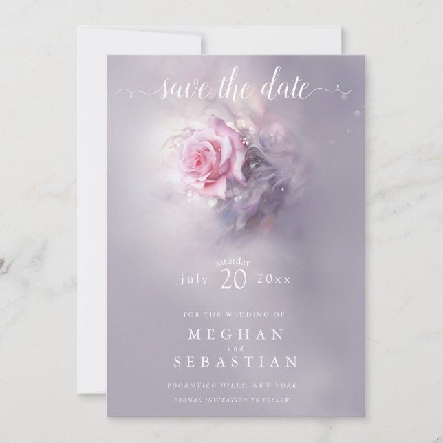 Elegant Dreamy Pink Rose on Dusty Lilac  Invitation (Front)