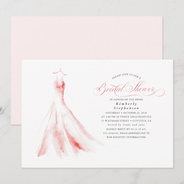 Elegant Dreamy Pink Wedding Dress Bridal Shower Invitation (Front/Back)