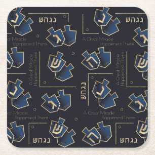 Elegant Dreidels Blue Golds Square Paper Coaster