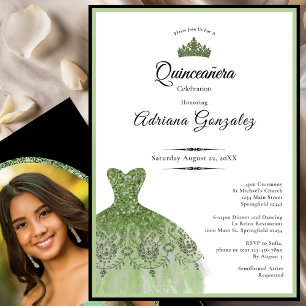 Elegant dress 15th birthday sage green Quinceanera Invitation