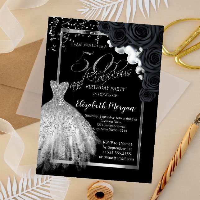Elegant  Dress,Confetti Black Roses 50th Birthday  Invitation (Creator Uploaded)